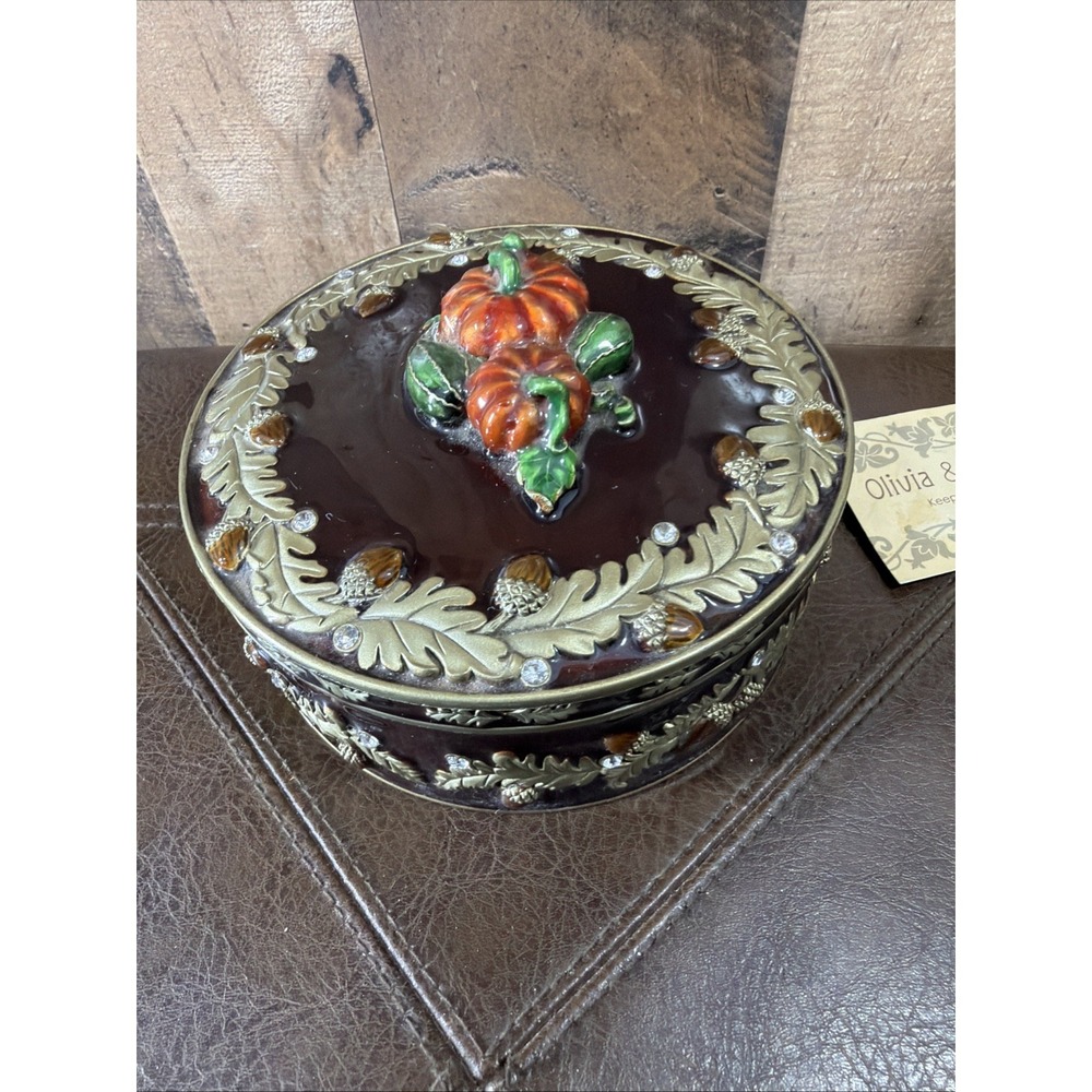 Vtg Olivia & Gracie Enamel Pumpkin Trinket Box Autumn Acorn Crystals Mirror Hing